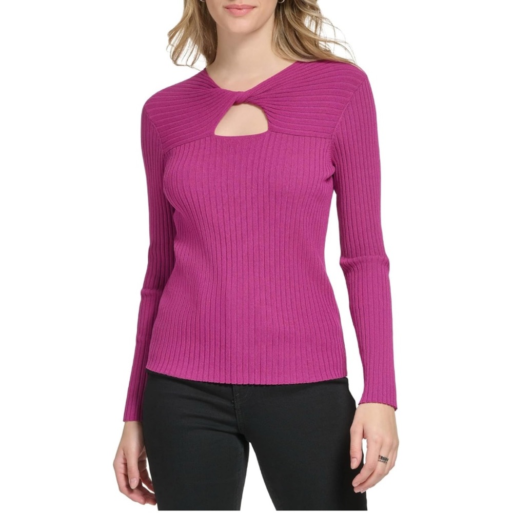Calvin Klein Pink Long Sleeve Keyhole Neckline Ribbed Knit Top XS